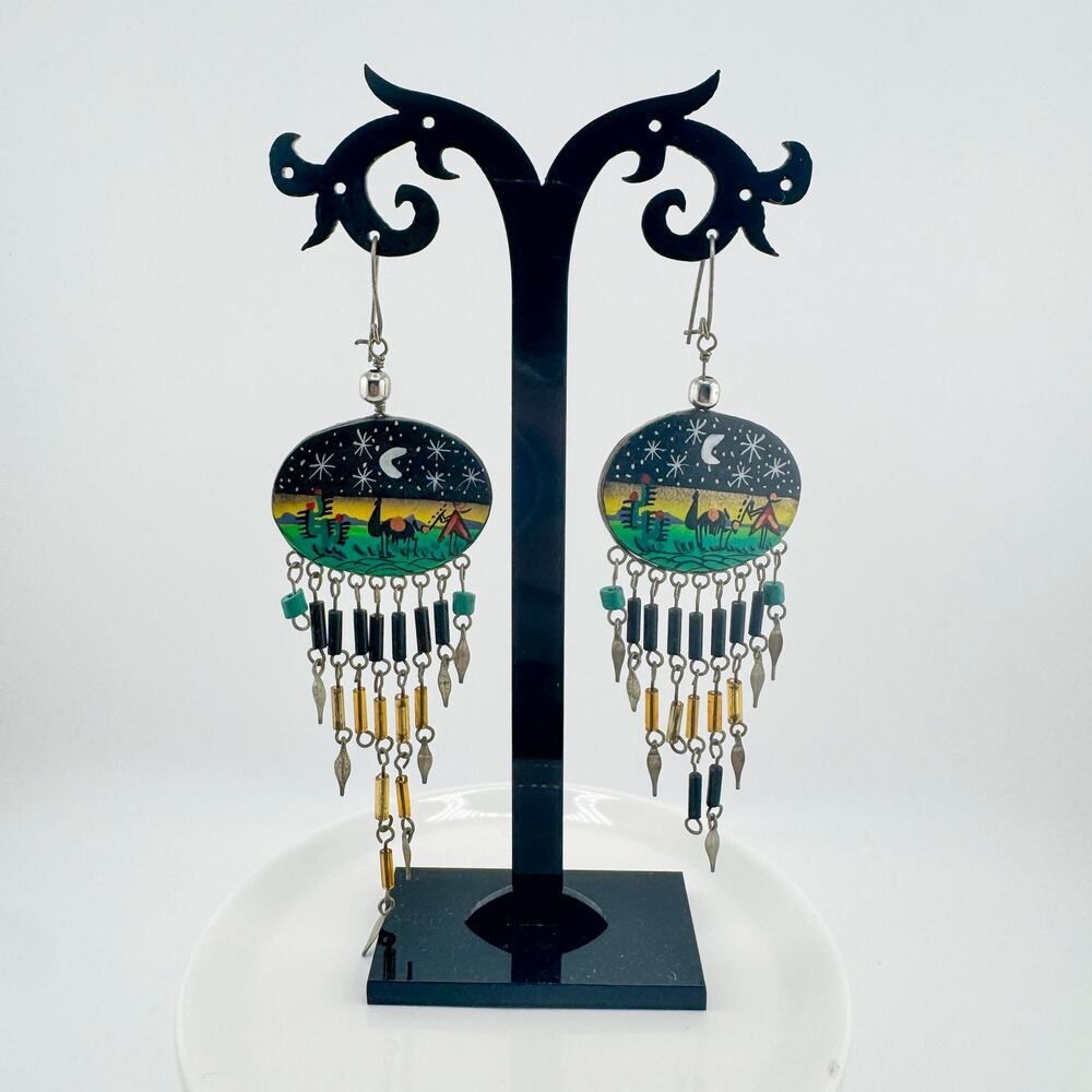 Vintage Hand-Painted Camping Tent Clay Earrings Southwestern Rustic Dangle Bead